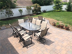 cambridge toffee onyx ledgestone patio 18x18 with circle fire pit kidney shaped